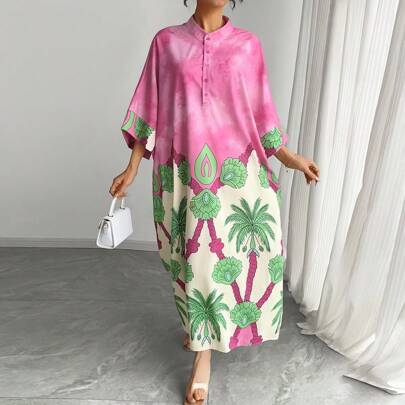 Abito da donna in stile robe, dal colletto piccolo e rotondo, monopetto, a pull-over, con blocchi di colore, floreale, maniche a 3/4, maniche raglan,