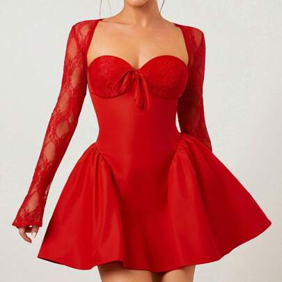 Costume da vacanza, gonna rossa per festa di Natale, vestito da principessa in tulle rosso con maniche lunghe in pizzo, mini vestito sexy; Abiti da do
