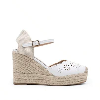 Espadrillas con zeppa e dettagli traforati, Espadrillas con zeppa in juta con fibbia per l'estate, Sandali con zeppa alta e espadrillas con ritagli fl