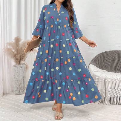 Abito lungo ampio con stampa floreale, vestito da cerimonia per donne taglie forti, vestiti autunnali, abiti eleganti da donna, abiti casual da uffici