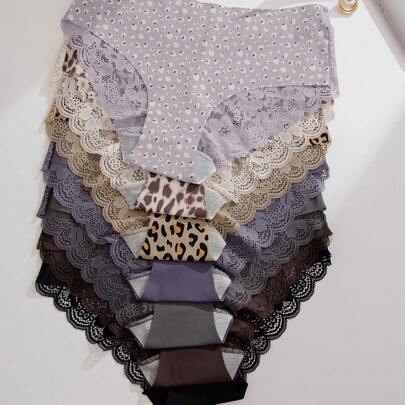7 Pacchi Contrasto Leopardato Di Pizzo Perizoma Lingerie