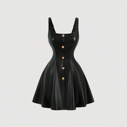 Abito a petalo in PU nero con fibbia metallica frontale, Vestito mini, Abbigliamento autunnale da donna, Vestito di Ognissanti, Natale, Vestito nero,