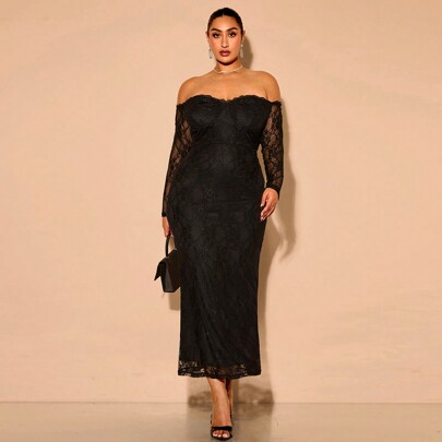 Abito lungo elegante in pizzo, scollo aperto, taglia comoda, abito formale nero, abito elegante taglia comoda, abito in pizzo nero, abito di Natale, a