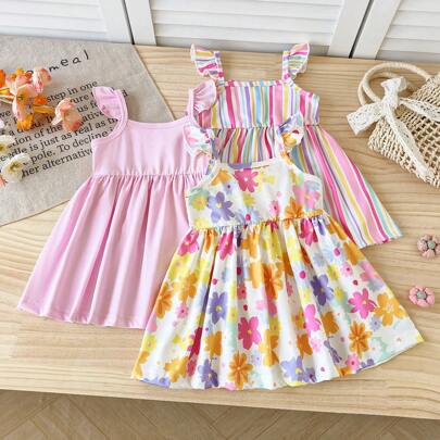 Set di 3 vestiti da bambina con bretelline arricchite, vestiti a fantasia colorata a righe, stampa floreale e a rose, dolci e carini per bambine da in