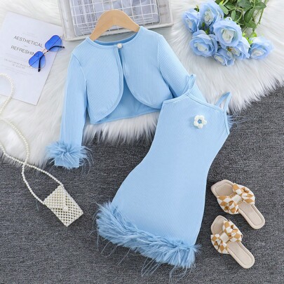 Set di 2 pezzi da ragazza, composto da giacca con scollo rotondo e manica lunga con fusciacca e vestito slip, in colore unito, adatto per primavera ed