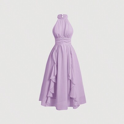 Vestito da donna con collo alto a balze, plissettato, in patchwork, con orlo asimmetrico, colore lilla, vestito viola chiaro, vestito viola, vestito l
