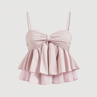 Top a camisole rosa chiaro con arricciature e volant, top corto estivo