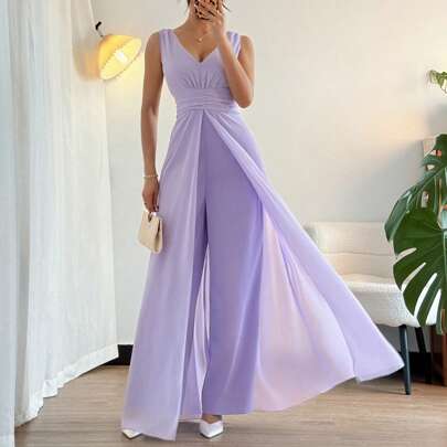 Elegante tuta larga da donna in chiffon con scollo a V, arricciata in vita, con perle, adatta come abito da cerimonia per matrimoni, tuta da donna di
