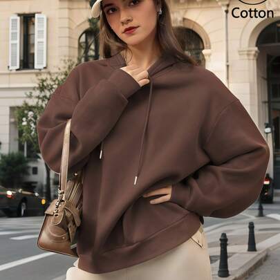 Felpa da donna con spalle cadenti, abbigliamento basic oversize curvilineo, felpa con cappuccio con coulisse, ampia, casual, versatile, stile college,