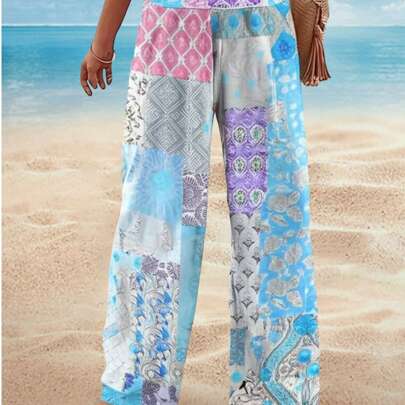 Pantaloni larghi bohémien floreali di per donne, primavera/estate 2025 - stampa ditsy, patchwork in vita alta, elasticizzati, in nylon morbido, a pala