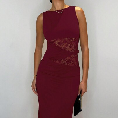 Vestito lungo elegante nero da donna con cuciture in pizzo, vestiti eleganti da donna, outfit da festa da donna, vestito da donna per Capodanno, vesti