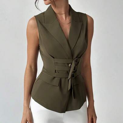 Giacca da tailleur senza maniche verde scuro da donna, con colletto, giacca leggera con bottoni, giacca da tailleur slim fit, giacca verde, adatta per