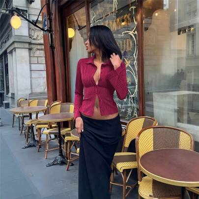 Camicie a maniche lunghe a righe da donna, casual e sexy