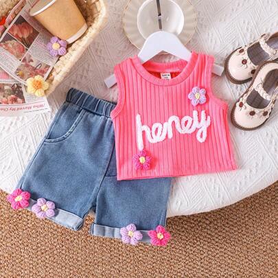 Nuova collezione estate 2024 per bimba: top canotta senza maniche rosa cipria con fiore + shorts in denim con fiore