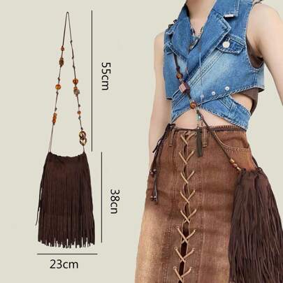 Borsa a tracolla con frange da donna, borsa hobo in finta pelle scamosciata marrone, pelle vegana, borsa a tracolla