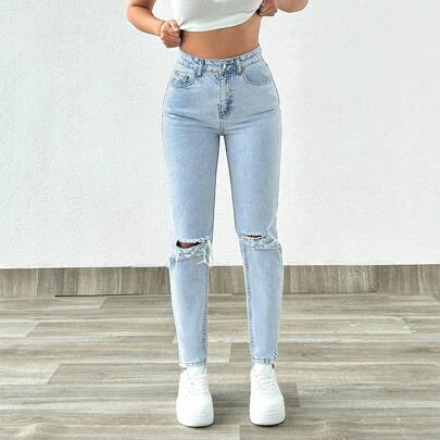 100% Jeans in cotone Lavaggio chiaro HIGH WAIST DESTROYED MOM