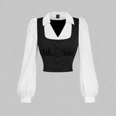 Camicia con collo alla coreana, manica lunga, contrasto di colori, arricciature sul petto, bianco e nero, camicia, camicia a bottoni, camicia da donna
