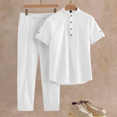 2 pezzi Camicia casual estiva da uomo, vestibilità slim, colletto alla coreana, maniche corte