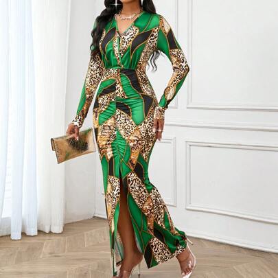 Abito a tubino con cintura e spacco laterale con stampa a catena leopardata verde, abiti da cerimonia eleganti per donne, outfit da Ringraziamento, co