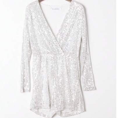 Tuta elegante da donna alla moda, body sexy, tuta corta con paillettes, tuta da donna, tuta con maniche lunghe, regalo di Natale e Capodanno
