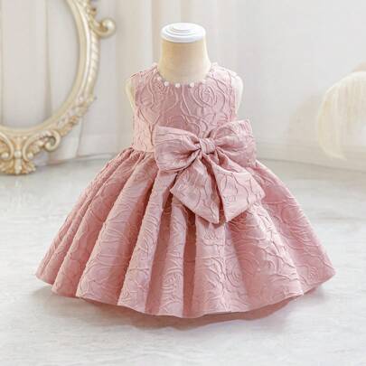 Vestito da bimba jacquard con fiori di rosa e fiocco, vestito elegante da bimba senza maniche per feste, outfit bimba per matrimoni e compleanni