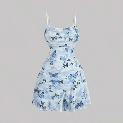 Abito sottoveste asimmetrico estivo con stampa farfalla retrò blu