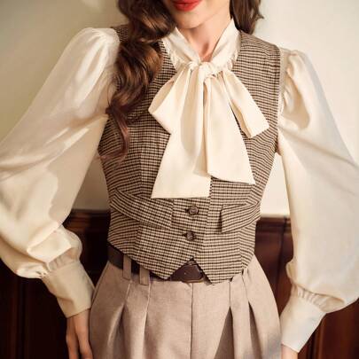 Gilet casual elegante vintage con scollo a V senza maniche a quadri per donna, abbigliamento autunnale marrone, abbigliamento casual elegante per donn