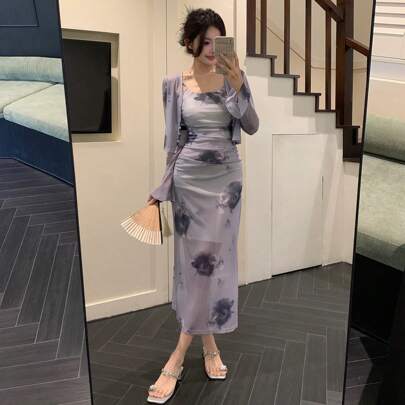 2 pezzi Completo di vestito e top donna a maniche lunghe in rete con stampa floreale, stile minimalista