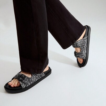 Sandali con fibbia in tweed, scarpe da vacanza, saldi estivi, Ognissanti, Natale