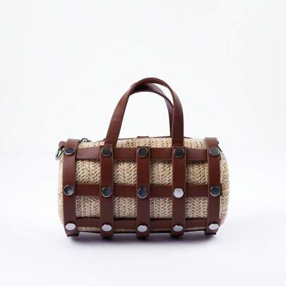 Borse a mano, borse a spalla, borse a tracolla per donna, borse in paglia con manico in PU, borse a spalla intrecciate, vintage, con borchie, vintage,