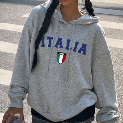 Felpa con cappuccio casual e minimalista da donna, vestibilità morbida, stampa grafica "ITALIA"