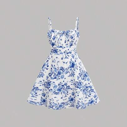 Vestito da ragazzina casual a sottoveste con stampa blu, per uso quotidiano