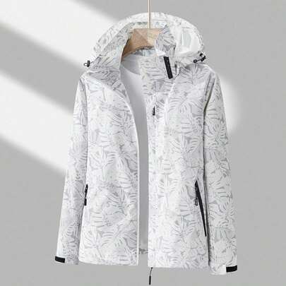 Giubbotto sportivo con cappuccio da donna con stampa di piante tropicali, giubbotto antivento per allenamento