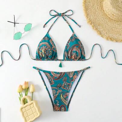 Conjunto bikini para mujer con estampado floral de verano, con corbata de cuello estilo halter para playa/piscina