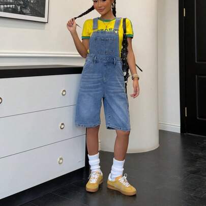 Tute con pantaloncini larghi in jeans per ragazze adolescenti, stile retrò anni 2000, adatte per tornare a scuola, per brunch estivi, per laurea, per