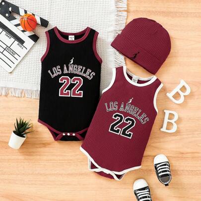 Newborn Baby Boy Set di 3 cappelli e tutine, grafica di lettere sportive basica casual e carina, confortevole, morbido, delicato