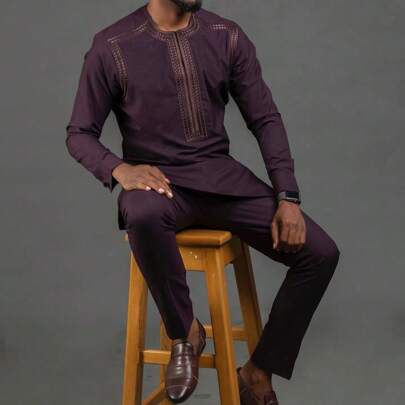 2 pezzi Elegante tuta Kaftan di lusso Dashiki per uomo, camicia a maniche lunghe ricamata e completo casual con pantaloni, tuta da cerimonia festiva p