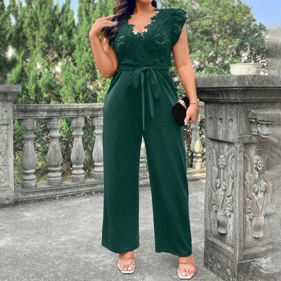 Taglia curvy Tuta elegante da donna da cerimonia con maniche a campana, pizzo a contrasto e gamba ampia