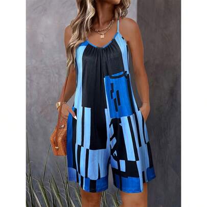Outfit estivi da donna, Tute senza maniche con motivo geometrico estivo per vacanze da donna, Tute giornaliere per donna