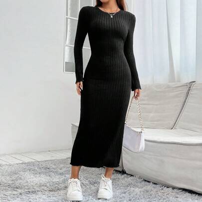 Vestito nero aderente in maglia costolata, vestito lungo elegante da donna in maglia costolata, vestito lungo in viscosa nero a maniche lunghe con spa