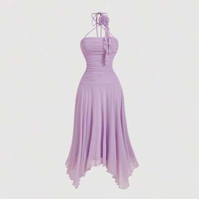 Abito lungo lilla con scollo ad aletta, asimmetrico e intrecciato, vestito da cerimonia