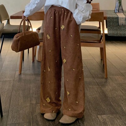 Pantaloni dritti marroni marroni da donna ricamati, primavera