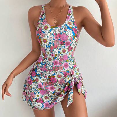 Costume da bagno intero stampa floreale all-over per abbigliamento da mare vacanze, estate spiaggia