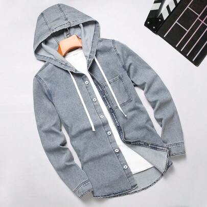 Camicia Di Jeans Casual Da Uomo Con Cappuccio Per Luso Quotidiano E Un Facile Abbinamento Camicia Oversize A Maniche Lunghe In Jeans Con Bottoni In Ti
