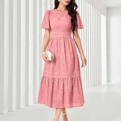 Elegante vestito lungo da donna in colore unito lilla, con ricamo traforato, per l'estate