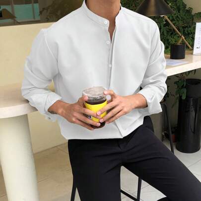 Uomo Camicia con bottoni e colletto alla coreana di colore solido