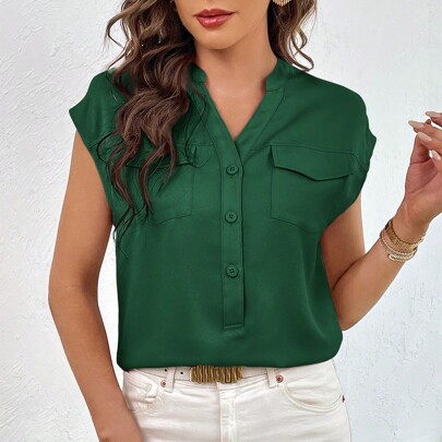 Camicia Da Donna A Collo Alla Coreana Monocolore Con Taschino