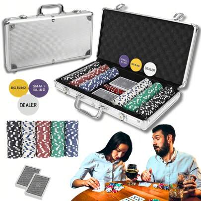 SET DA POKER CLASSICO 300 FICHES 2 MAZZI DA POKER VALIGETTA 5 DADI Il set include 300 gettoni, 2 mazzi di carte (54 carte ciascuno), 5 dadi, gettoni f