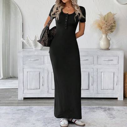 Abito in maglia aderente nero a maniche corte, abiti midi eleganti modellanti per donna