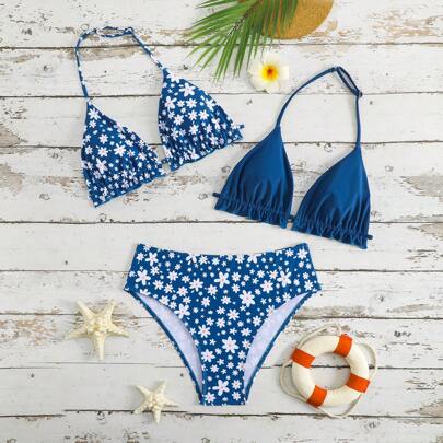 Set da bagno a tankini per ragazze adolescenti, 3 pezzi, con collo alto e fantasie floreali, costume da bagno retrò floreale